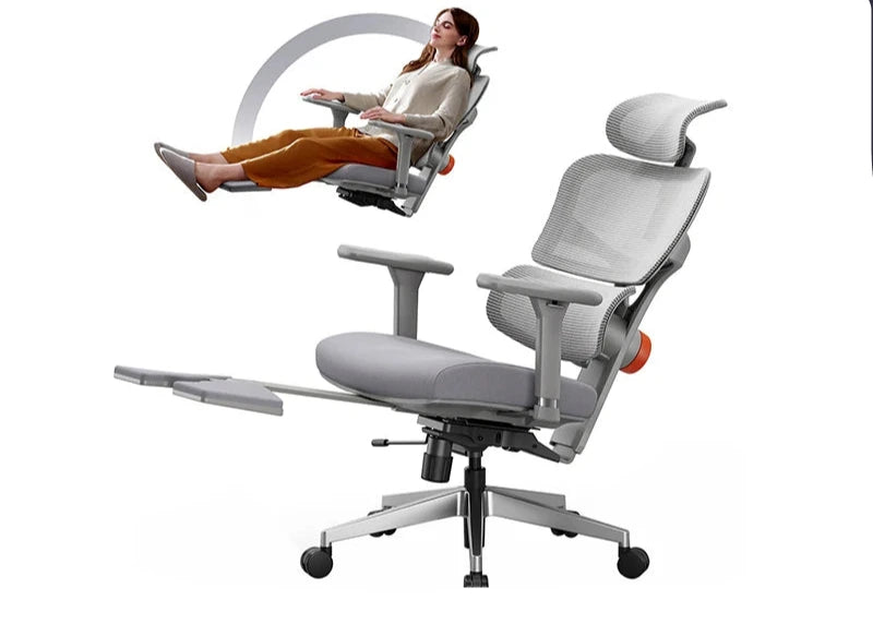 Ergonomische Bureaustoel - Gaming Stoel - Stoelen - Bureaustoelen - met Verstelbare Rugleuning - Armleuningen - Voetsteun & Hoofdsteun - Lendensteun Automatisch - Kantelbare Rug - Voor Thuiswerk & Kantoor - Grijs