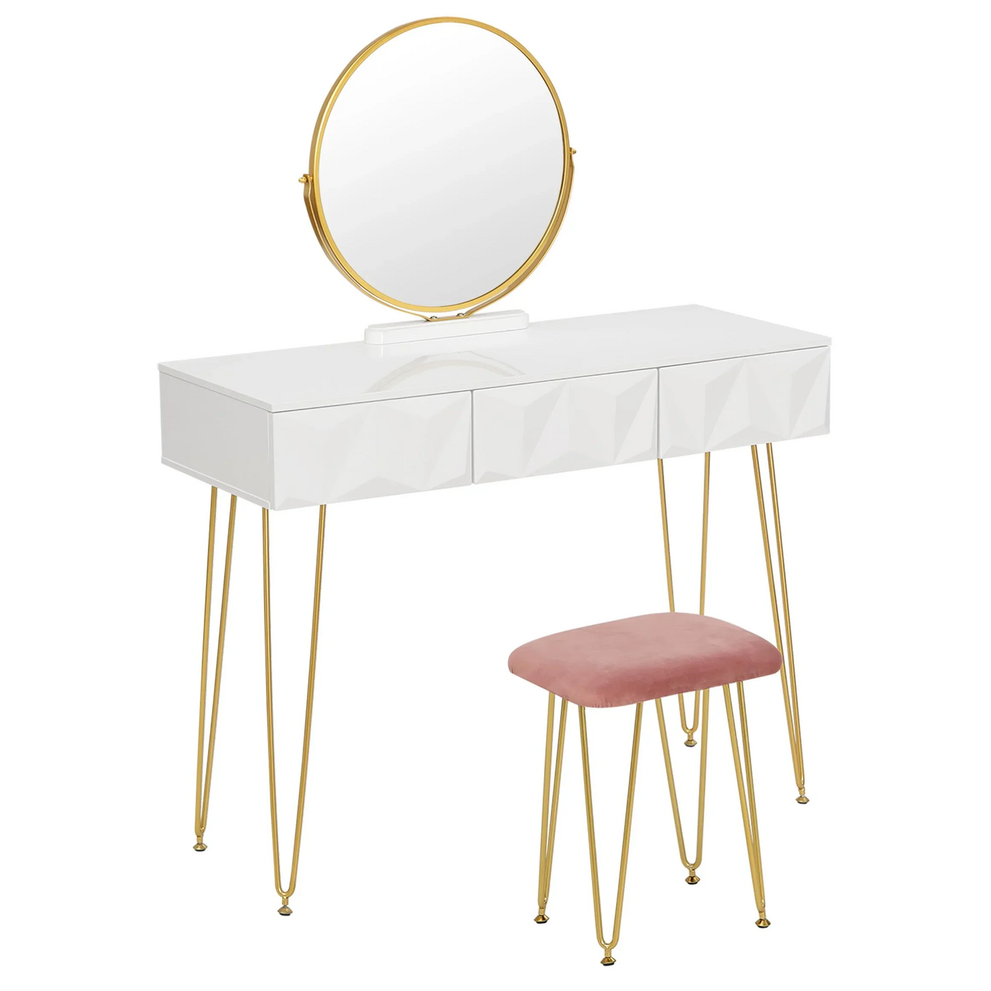 Kaptafel – Make-up Tafel – Visagie Tafel – Schminktafel – Dressoir – Wit – 360° Draaibare Spiegel – Fluwelen Kruk