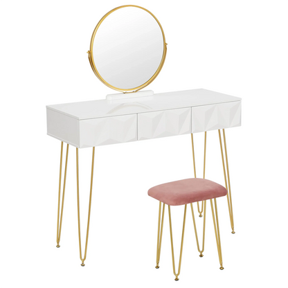 Kaptafel – Make-up Tafel – Visagie Tafel – Schminktafel – Dressoir – Wit – 360° Draaibare Spiegel – Fluwelen Kruk