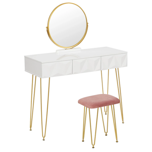 Kaptafel – Make-up Tafel – Visagie Tafel – Schminktafel – Dressoir – Wit – 360° Draaibare Spiegel – Fluwelen Kruk