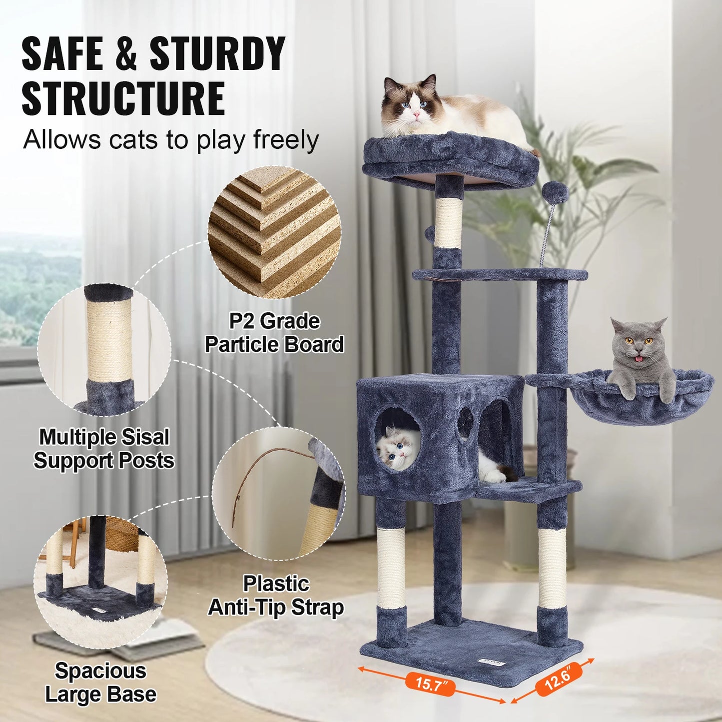 Kattenboom - met 5 Verdiepingen - Krabpaal - Hangmat en Speelballen - Stabiele Kattenklimtoren - voor Rust en Spel - Duurzaam en Stevig - Veilig en Stabiel - Lichtgrijs