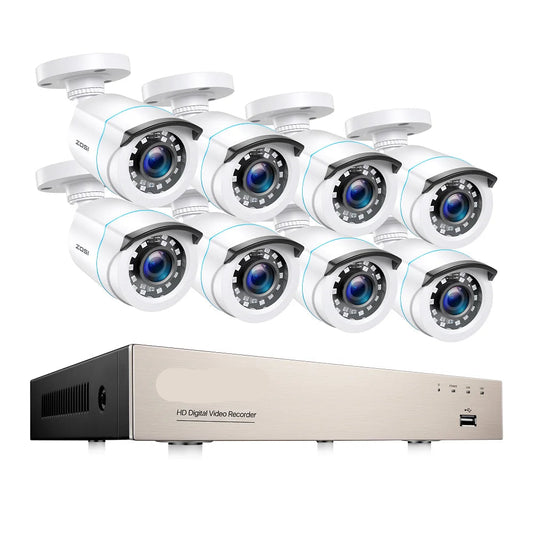 Beveiligingscamera - Draadloze Camera - Camerabewaking - Buiten Camera met Nachtzicht - 1080P Full HD - 8 Stuks Bullet Outdoor & Indoor - IP66 Weerbestendig - H.265+ – 8 Kanaals - Wit - QUORE