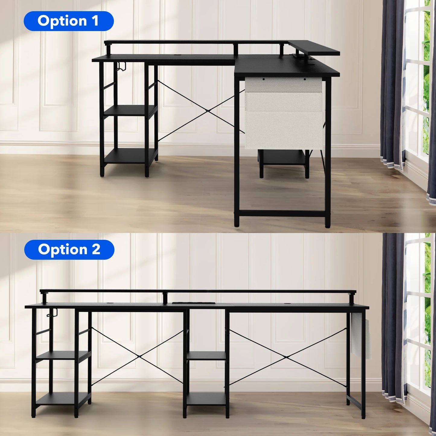Bureau – Gametafel – Werktafel – Computerbureau – Hoekbureau – Carbon Fiber Patroon – 2-in-1 L-vormig 140/230 cm – Ergonomische Monitortray & Geïntegreerde Power Hub