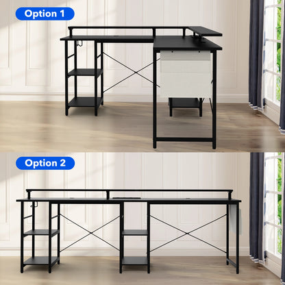 Bureau – Gametafel – Werktafel – Computerbureau – Hoekbureau – Carbon Fiber Patroon – 2-in-1 L-vormig 140/230 cm – Ergonomische Monitortray & Geïntegreerde Power Hub