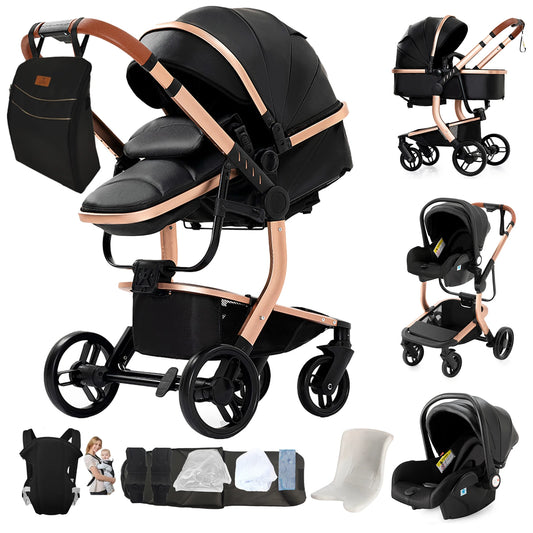 3 in 1 Baby Stroller Leather Waterproof Travel System Pushchair Reclining Seat Infant Carriage with Car Seat High Landscape Baby