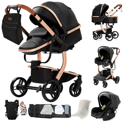 3 in 1 Baby Stroller Leather Waterproof Travel System Pushchair Reclining Seat Infant Carriage with Car Seat High Landscape Baby