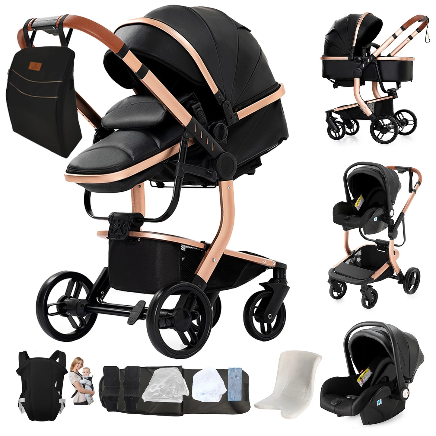 3 in 1 Baby Stroller Leather Waterproof Travel System Pushchair Reclining Seat Infant Carriage with Car Seat High Landscape Baby