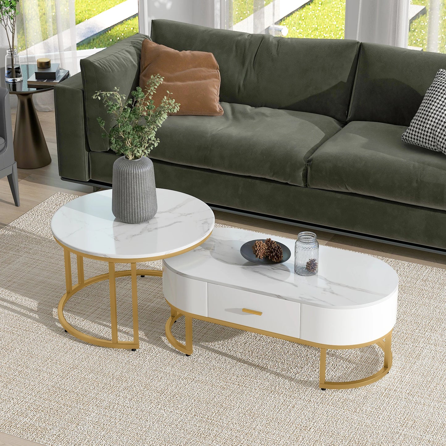 2-delige Salontafelset – Koffietafel – Bijzettafel – Woontafel – Lounge Tafel – Wit – Gouden Metalen Frame – Ruimtebesparend Ovaal Design