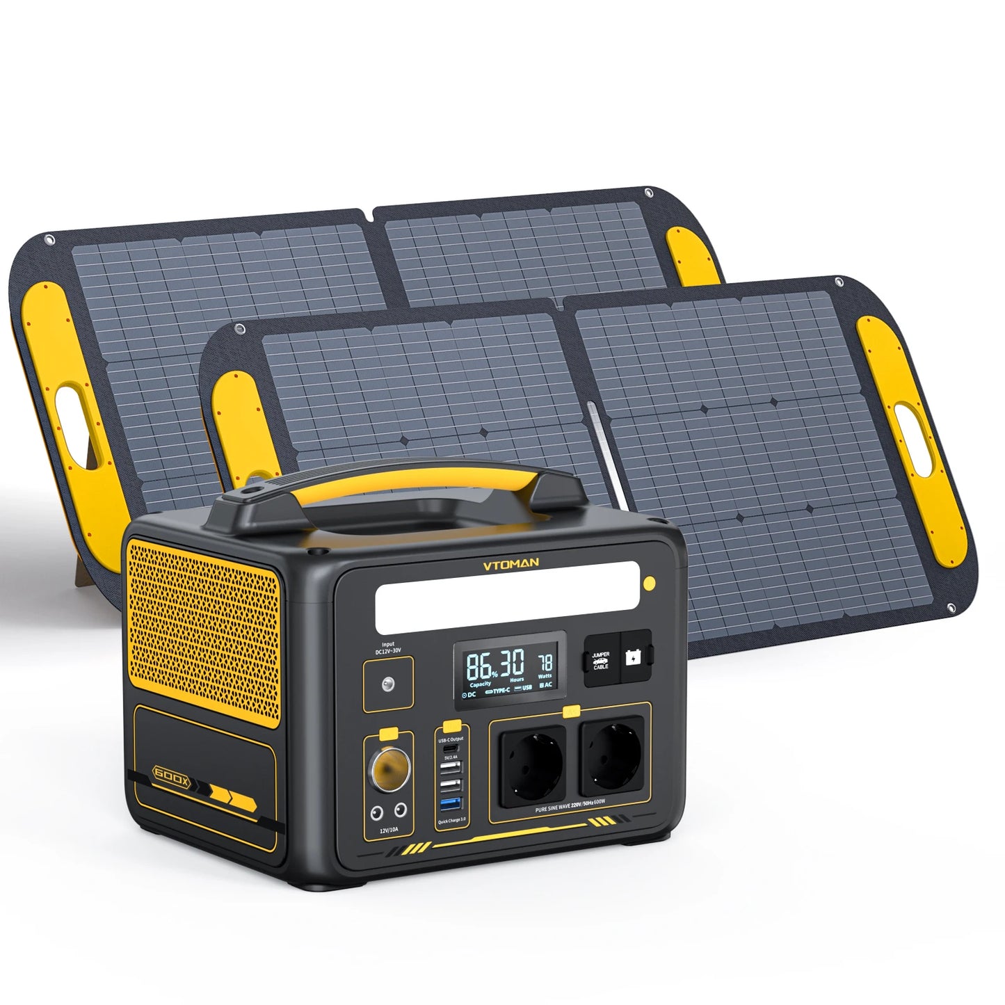 Powerstation - Stroomgenerator - Mini-Generator - Draagbare - Krachtcentrale - met 2 x 110W Zonnepaneel - AC Stopcontacten - LiFePO4 Batterij - voor Thuis - Tenten - Buiten - Kamperen - 299Wh - 600W - Zwart/Geel