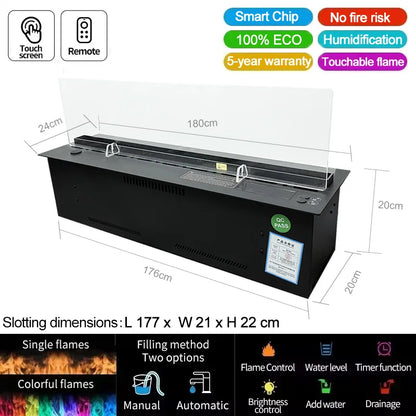 Waterdamp Haard – Sfeerverwarming – Elektrische Open Haard – Decoratieve Kamin – Damp Haard – Slim Waterbeheer – 1800mm Met APP Bediening – 3D Vlammen Effect & Roestvrij Stalen Afwerking