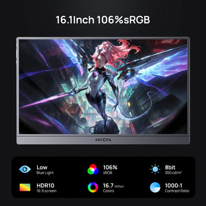 16.1 inch draagbare monitor – portable scherm – extern scherm – gaming monitor – USB-C monitor – 144Hz verversingssnelheid – 100% sRGB kleurweergave