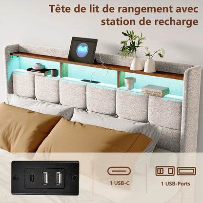 Anajqaqia 160×200 cm Upholstered Double Bed, with 4 Drawers Bed Frame, with USB Charging Station and LED Headboard, Linen, Beige