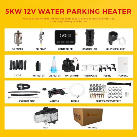 Luchtverwarmer Diesel/Gasolie- Parkeerverwarming- Autokachel- 5KW 12V- met sanitair LCD schakelaar Geluiddemper Motor- Zilver