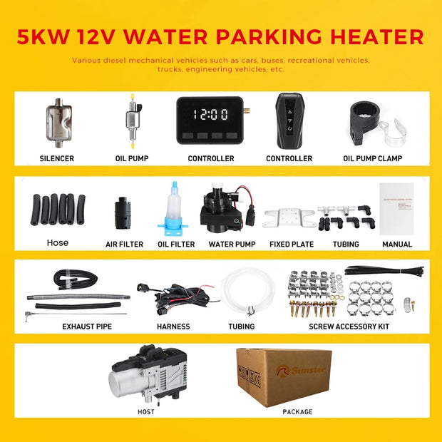 Luchtverwarmer Diesel/Gasolie- Parkeerverwarming- Autokachel- 5KW 12V- met sanitair LCD schakelaar Geluiddemper Motor- Zilver