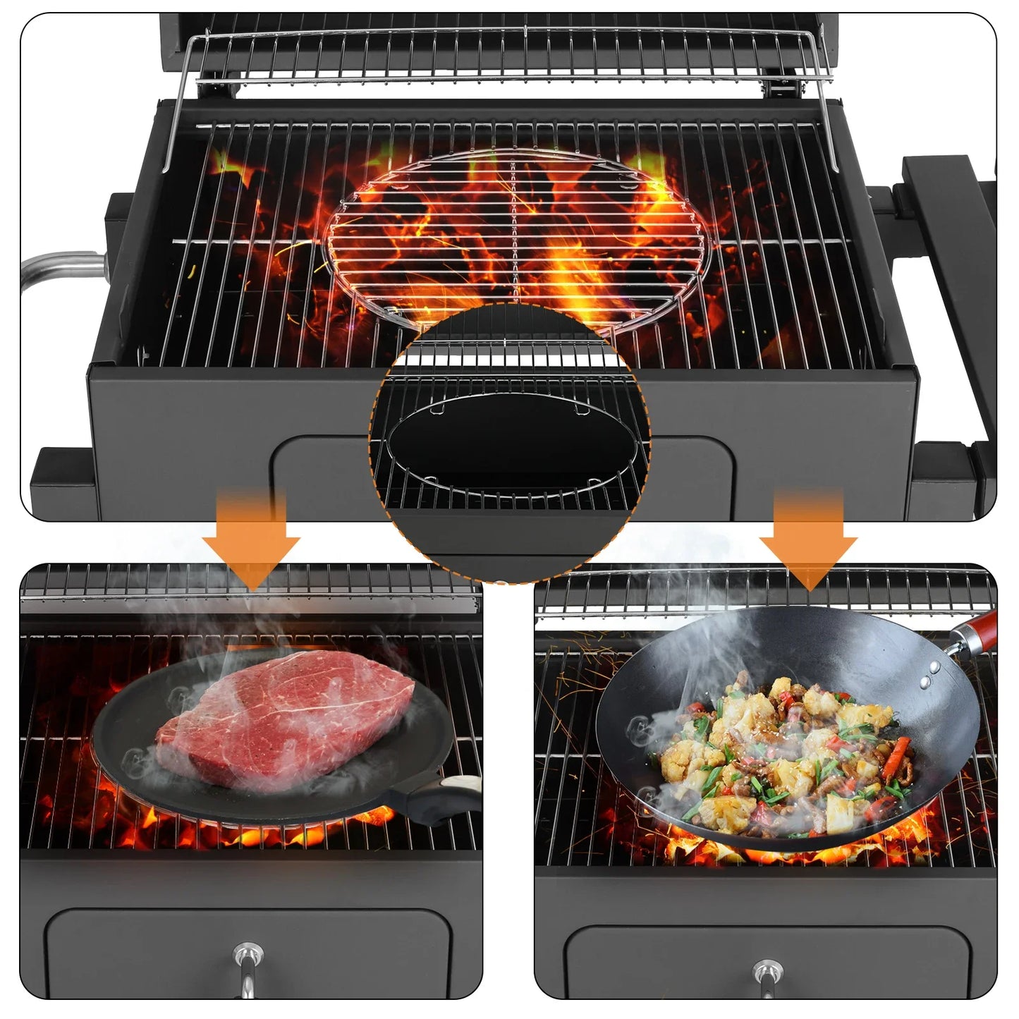 Houtskool Barbecue - Grote Barbecue - met Wielen - 5-10 Personen - Ruim Grilloppervlak - Verstelbare Houtskooltray - en thermometer - Tuin en Camping BBQ - Gemakkelijk Schoon te Maken - QUORE
