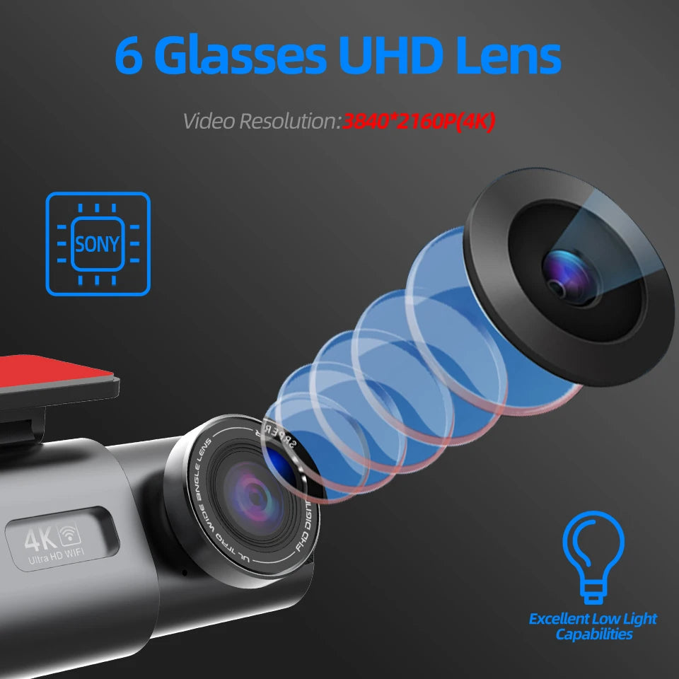 Dashcam voor Auto - 4K Dashcam - Dual Lens - 170° Groothoek - GPS - WiFi - Nachtvisie - 24H Parkeermodus - G-Sensor - 128GB Geheugenkaart inbegrepen - Alleen 4K Dashcam - Zwart