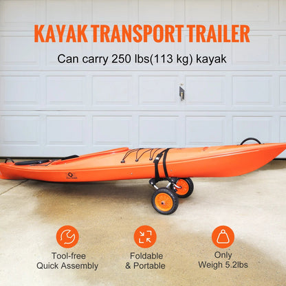 Zware Opvouwbare Boottrailer Trolley – Draagvermogen 250 lbs – Handkar voor Kajak en Kano met 10'' Massieve Banden – Zwart