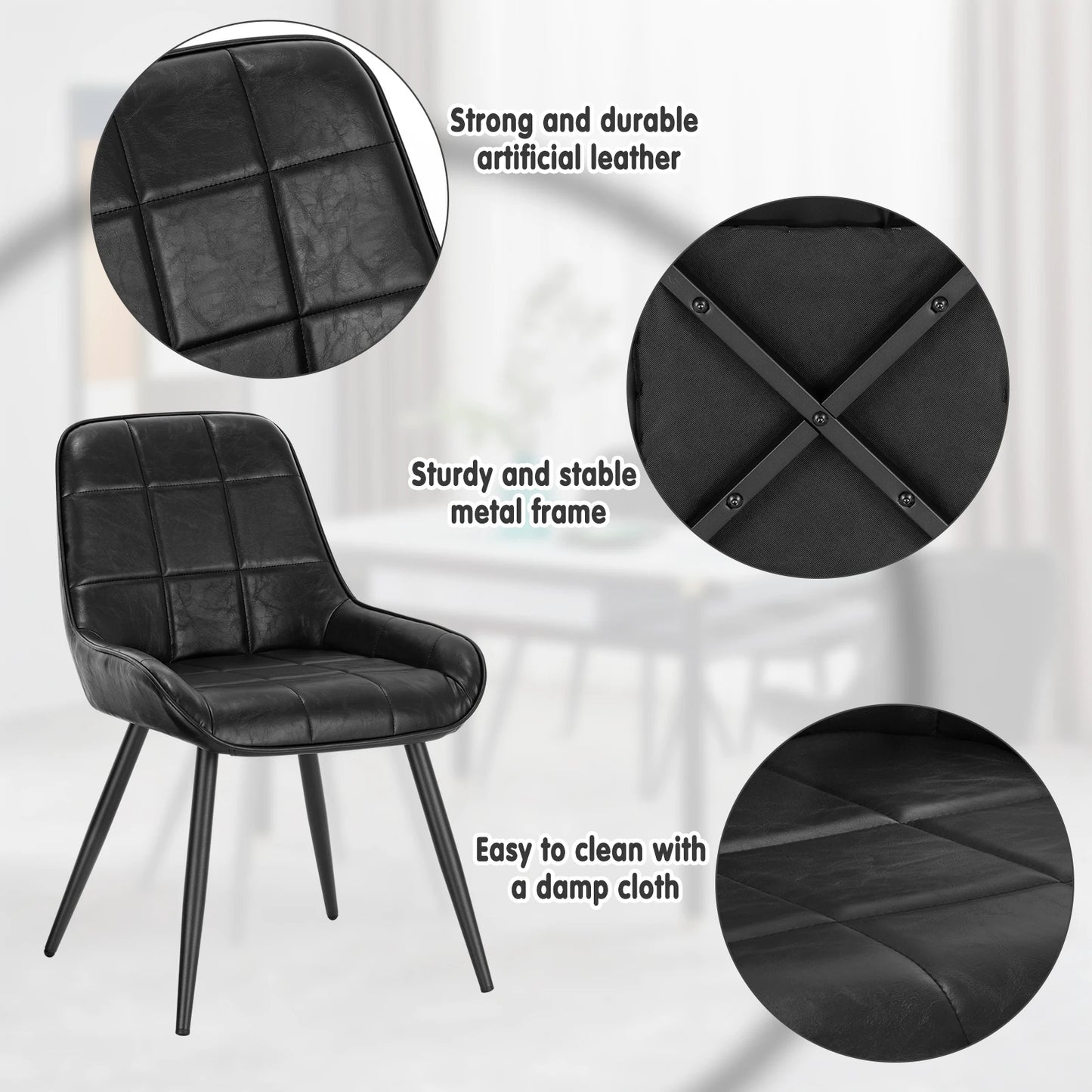 Eetkamerstoelen - Eetstoelen - Keukenstoelen - Set van 4 - Ergonomische Scandinavische Stijl - met Rugleuning - Voor Keuken - Eetgedeelte - Kunstleer Zitje - Metalen Poten - 52 x 51 x 81.5 cm - Zwart