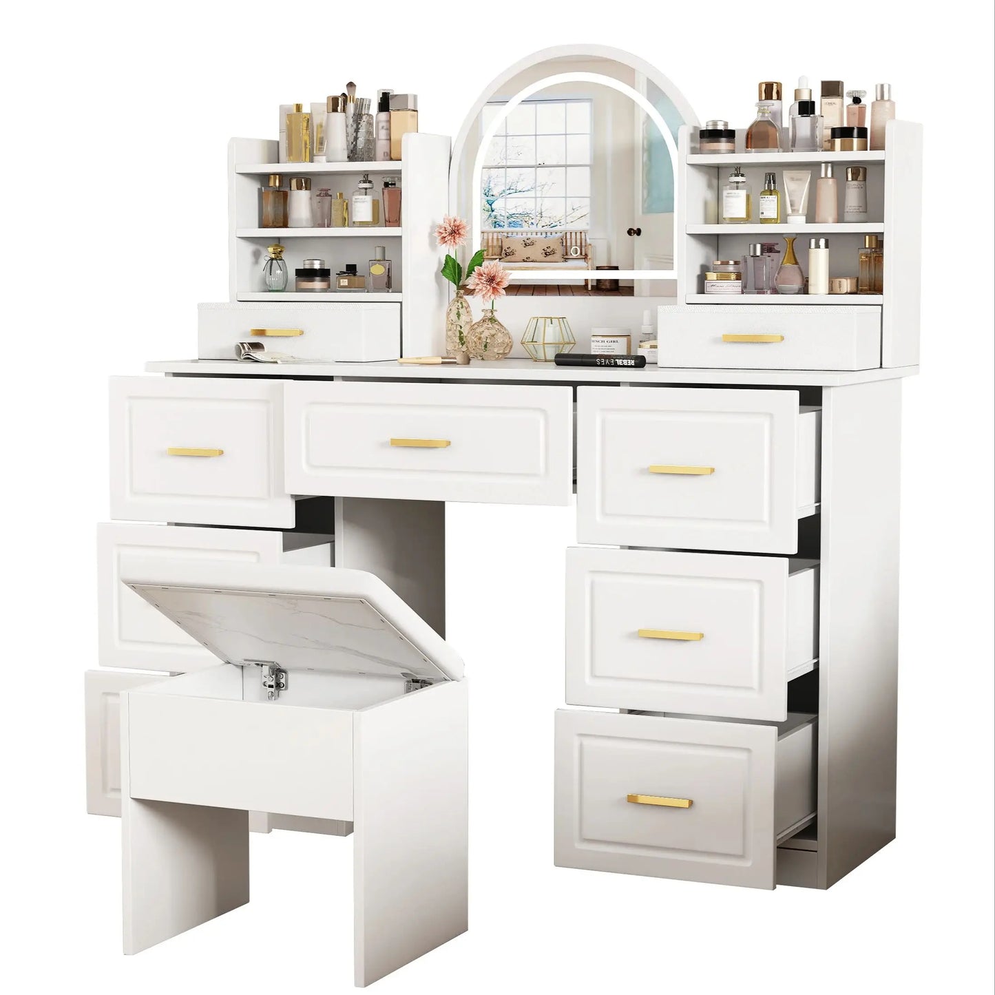 Kaptafel – Make-uptafel – Schoonheidstafel – Dressingtafel – 9 Laden – Led-Verlichting – Stevig Materiaal