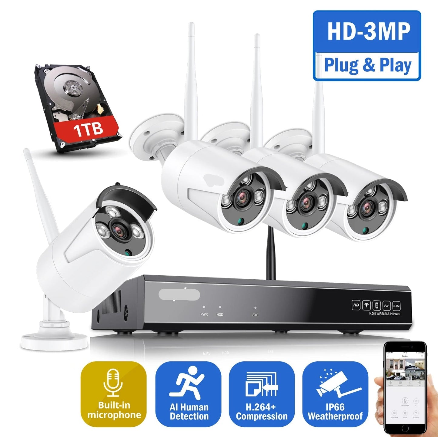 Draadloze Beveiligingsset – Wifi Beveiligingscamera – IP Camera Systeem – CCTV Camera Set – 4 Camera’s 3MP – IP66 Waterdicht – Nachtzicht 30 Meter