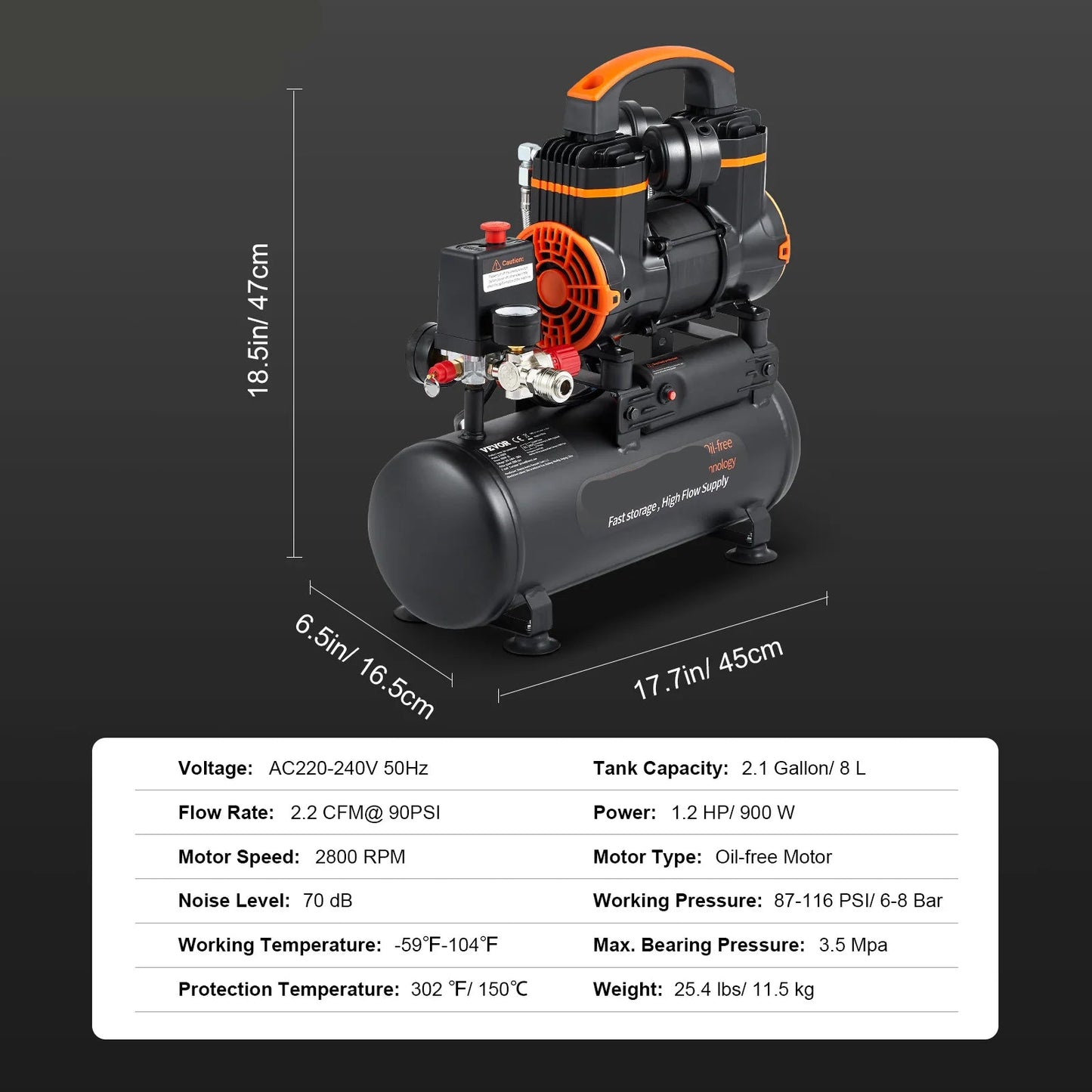 Luchtcompressor - Stille Compressor - Luchtpomp - Olievrije Draagbare Compressor - 8L - 900W -  voor Huis, Banden en Hobbygebruik - Bandenpomp