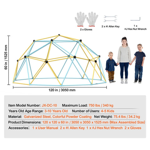 Klimkoepel - Voor kinderen - Geometrische koepel - Met klimgrepen - Speeltoestel - Geschikt voor binnen en buiten - Maximaal belastbaar gewicht 340 kg - 120x120x60in