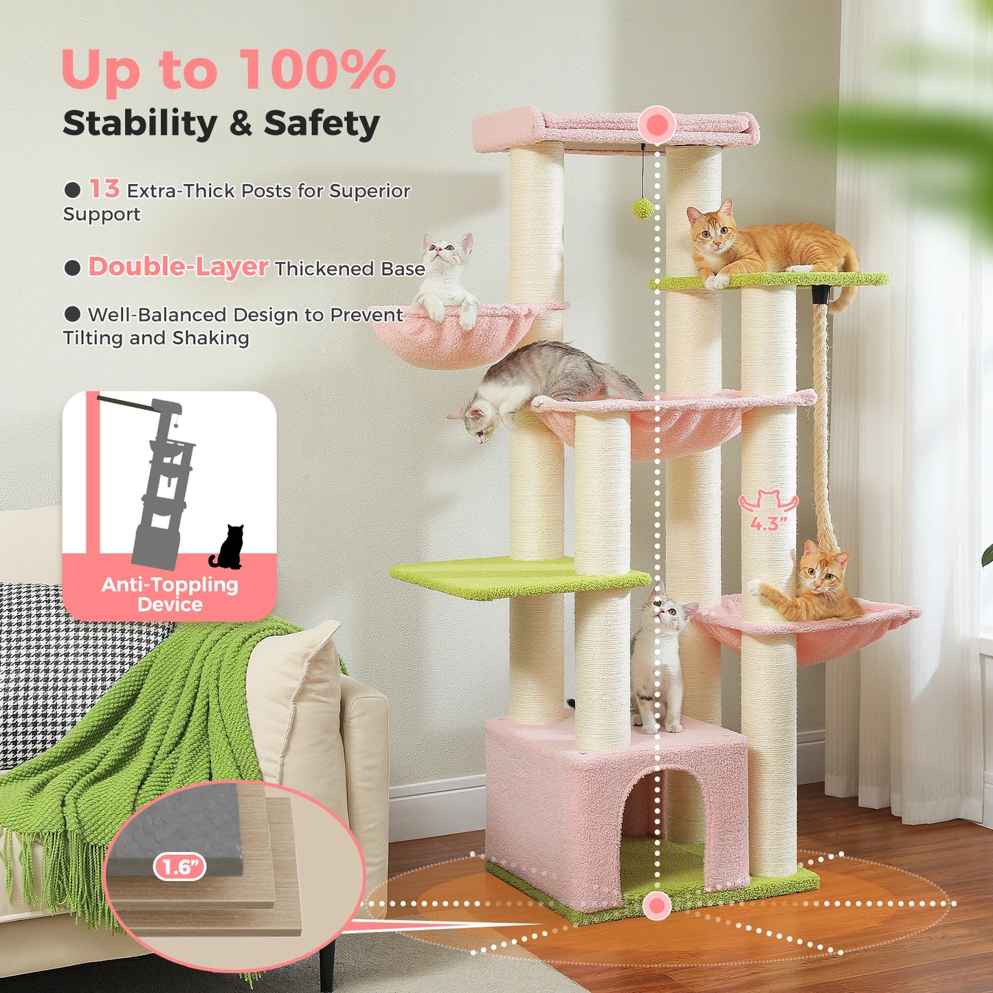 Krabpaal – Kattenboom – Kattenhuis – Kattenmand – Krabmeubel – Extra Stevig – 169 cm Hoog