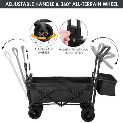 Bolderkar - Bolderwagen - Opvouwbare - met Afneembare Luifel - Tuinkar - Tuinwagen - Tuintrolley voor Strand, Camping of Caravan - Laadvermogen 75kg - 262L - Zwart