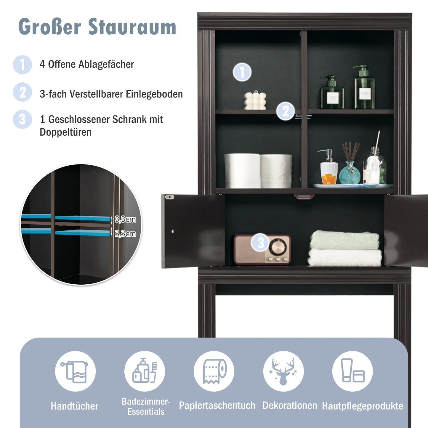 3-Lagen Toiletrek – Ruimtebesparend Badkamerrek met 4 Open Vakken & Verstelbare Planken – Wasmachine Rek voor Badkamer – Hout – 60x20x165 cm – Bruin