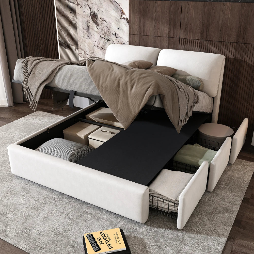 Velours Bed – Modern Bed – Opbergbed – Eenpersoonsbed – Slaapbed – 140x190 cm – Hydraulisch Opbergvak - Beige