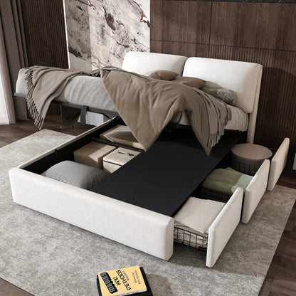 Velours Bed – Modern Bed – Opbergbed – Eenpersoonsbed – Slaapbed – 140x190 cm – Hydraulisch Opbergvak - Beige
