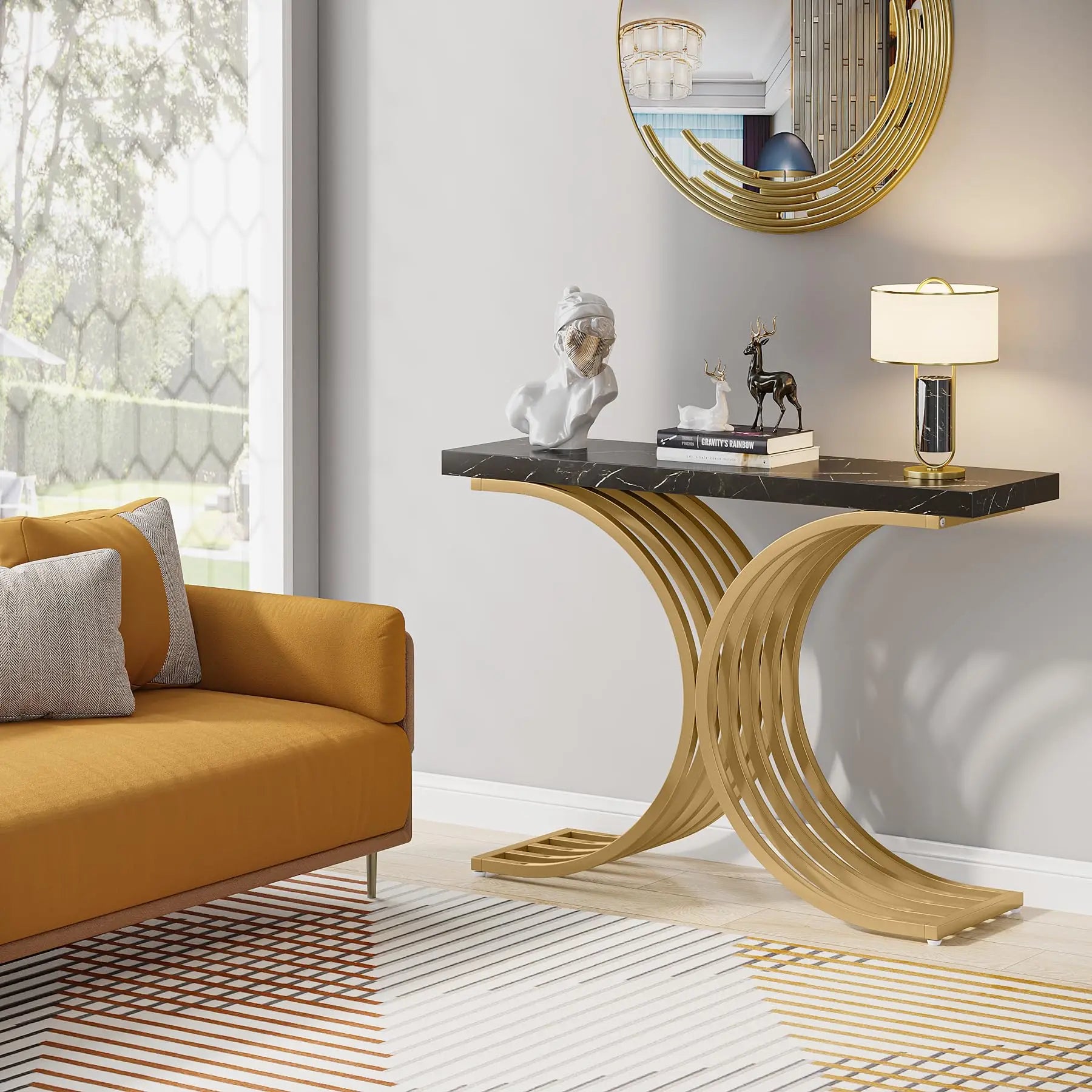 Sidetable – Haltafel – Bijzettafel – Smalle Tafel – Neoklassiek Design – Massief Houten Blad – Metalen Frame - QUORE