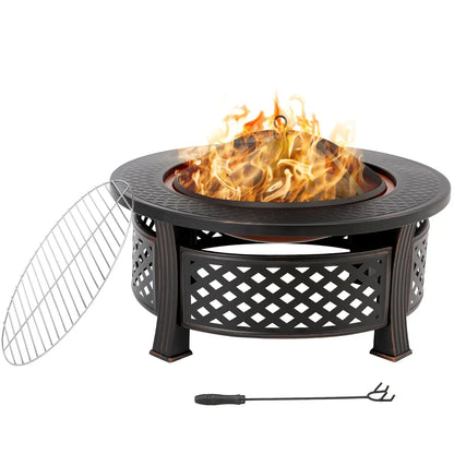 Vuurkorf - Vuurschaal - 3-in-1 - BBQ Grill - Schaal - met Grillrooster en Vonkenscherm – Grote Ø81 cm - Vuurbak voor Barbecue, Verwarming en Lounge - Bonfeu - Zwart