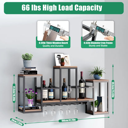 Wine Rack Wall Mounted Shelf, Industrial Hanging Display Storage with Holder, Solid Wood Glass Ceiling for Bar Cafe, 106x20x55cm