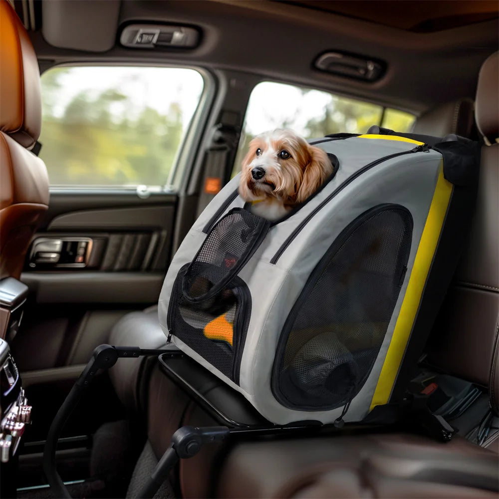 2-in-1 Hondenbuggy en Autostoel - Lichtgewicht & Sterk - Ademend Design - 4 Wielen - 20KG Capaciteit - Geel