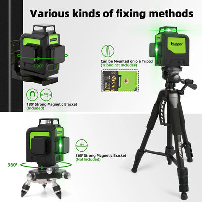 Huepar 903CG Set 12 3D Cross Lines Laser Level Osram Green Laser Beam Self-Leveling 360 Vertical Horizontal with Receiver Tripod - QUORE