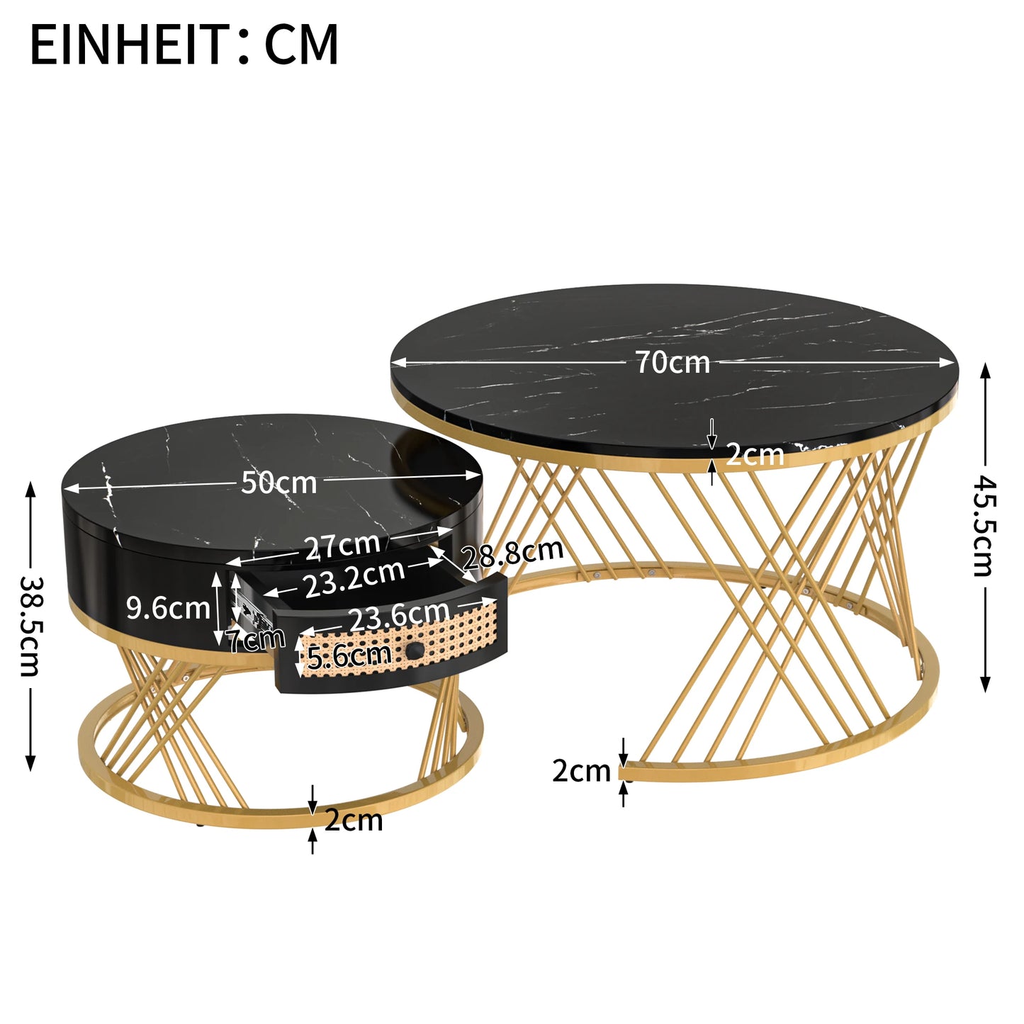 Salontafel – Bijzettafel – Opbergtafel – Woonkamertafel – Compact – Marmerlook Blad – Opberglade - Zwart