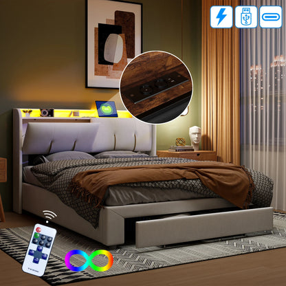 Bedframe – Tweepersoonsbed – Gestoffeerd Bed – Opbergbed – Boxspringframe – Velvet Stof – Verstelbare LED-verlichting en USB-poorten – Hydraulische Opbergruimte 140x200 cm - QUORE