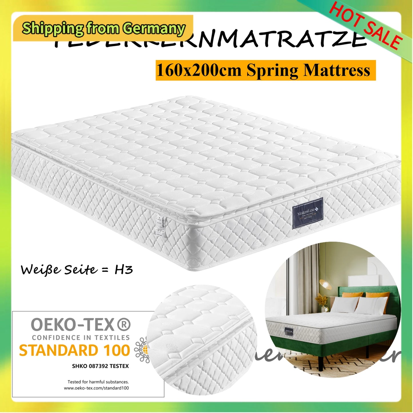 Comanlai 160x200cm Spring Mattress,7 Zones Cold Foam Mattress,H3 Hardness,Quilted Microfiber Cover-Topping,160x200x25cm