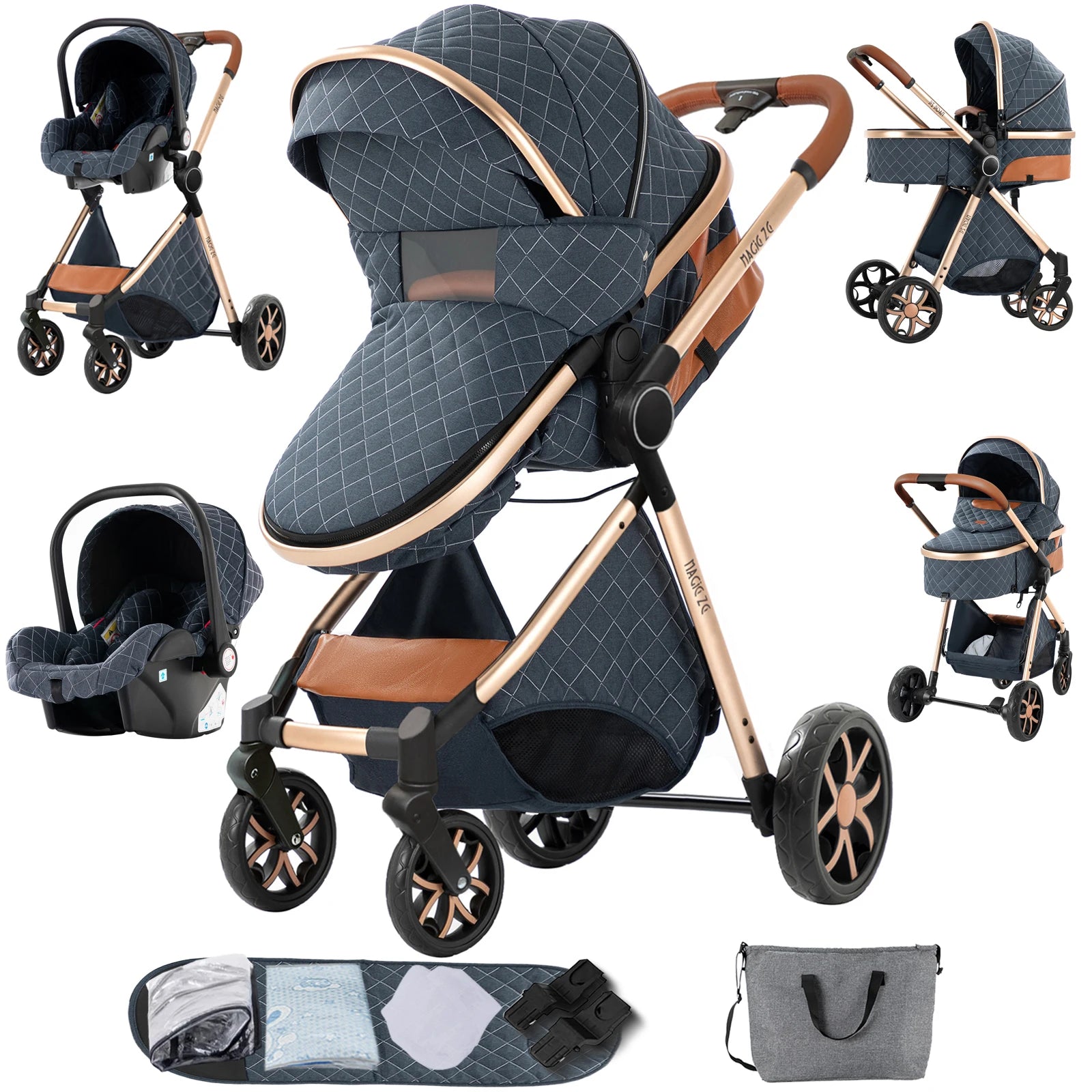 3-in-1 High Landscape Baby Stroller Travel System Bassinet Car Seat Lightweight Frame with One-Hand Folding Feature Baby Items - QUORE