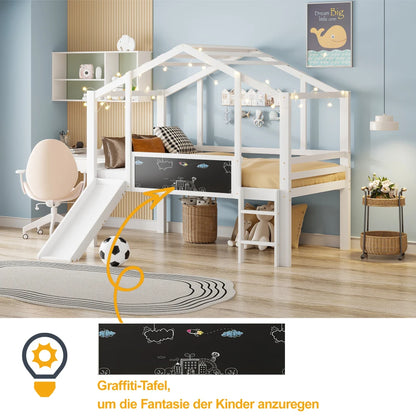 Kinderbed 90 x 200 cm – Hoogslaper – Speelbed – Stapelbed – Videbed – Massief Hout – Glijbaan en Krijtbord – Grijs Variant
