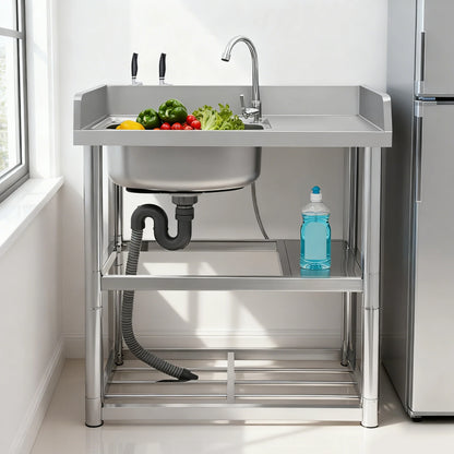 2-Tier Stainless Steel Single Bowl Sink with Worktop and Faucet, 100KG Capacity Floor Standing Kitchen Hand Washing Station - QUORE
