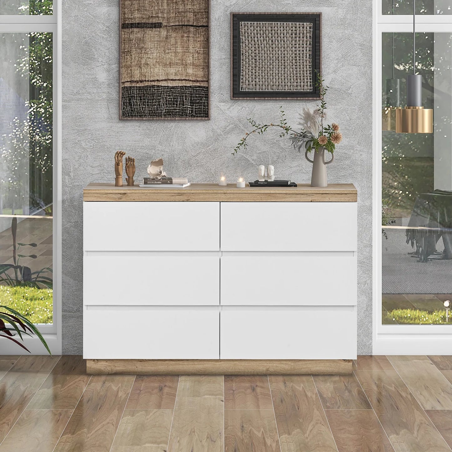 Kast – Ladekast – Opbergkast – Kast Met Laden – Minimalistisch Design – 6 Ruime Lades – E1 Spaanplaat Met Eikenlook - 110 x 40 x 67.5 cm - Wit - QUORE