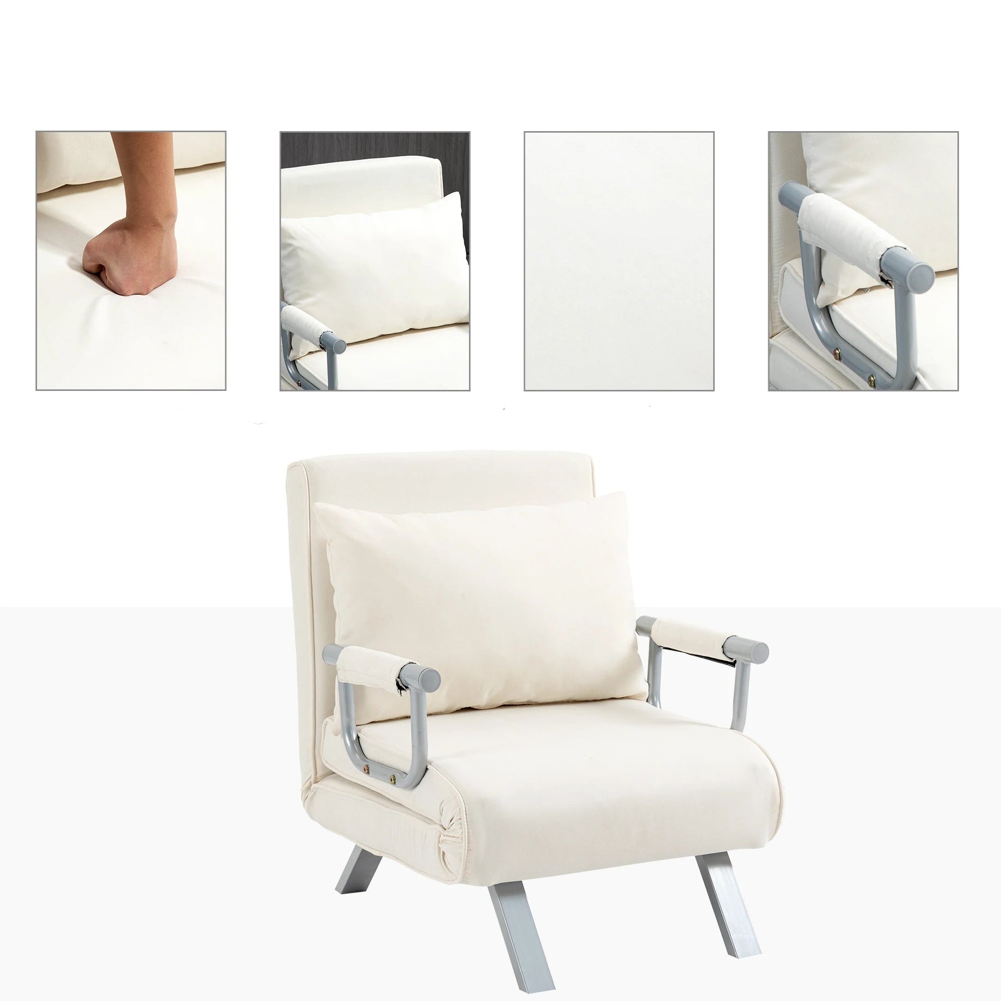 Opklapbare Relax Slaapstoel met Kussen – Inklapbare Fauteuil Slaapbank – 65x69x80 cm – Crème – 1-Persoons Omvormbare Stoel - QUORE