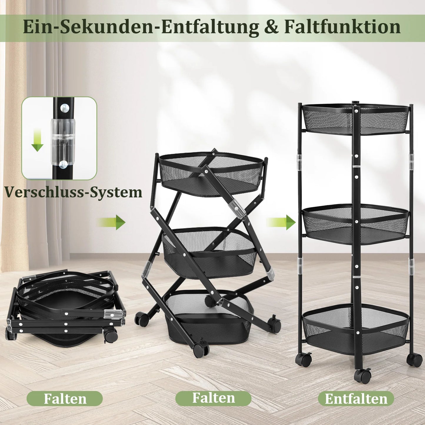 Opvouwbare 3-laagse Keuken- en Badkamer Trolley – Multifunctionele Opslagkar met Gaasmanden – Rijdende Organizer voor Keuken, Woonkamer, Slaapkamer, Babykamer – Zwart