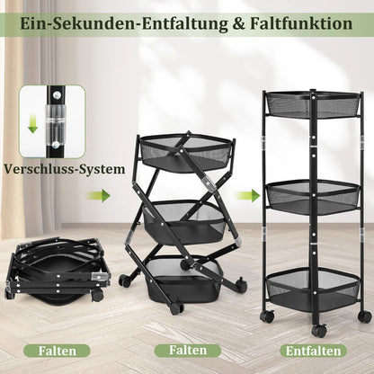 Opvouwbare 3-laagse Keuken- en Badkamer Trolley – Multifunctionele Opslagkar met Gaasmanden – Rijdende Organizer voor Keuken, Woonkamer, Slaapkamer, Babykamer – Zwart