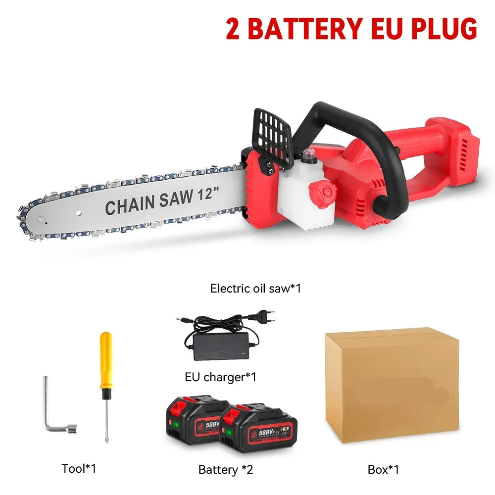 Elektrische Kettingzaag - met Accu - Snoeischaar - Handbediend- 12 Inch - 6600W - 20000RPM - Draadloos - Borstelloos - Snijden - Compatibel met 18V Accu - voor Tuinonderhoud - Renovatie - 2 Batterij