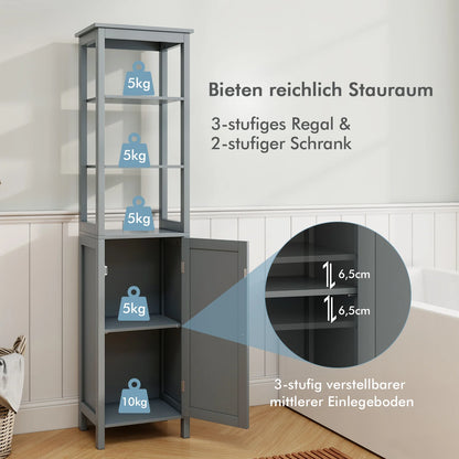 Hoge Kast met 5 Niveaus – Smalle Vrijstaande Badkamerkast met Verstelbare Planken & Deuren – Opbergkast voor Woonkamer of Badkamer – 40 x 32 x 160 cm – Grijs