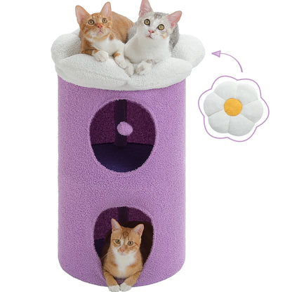 Kattenhuis - met 2 Verdiepingen - Binnen – Houten bed - met Afneembaar Bloemenkussen - Ruime Kattengrot - Hangspeeltje - Krabpaal - 73cm Hoog - Paars
