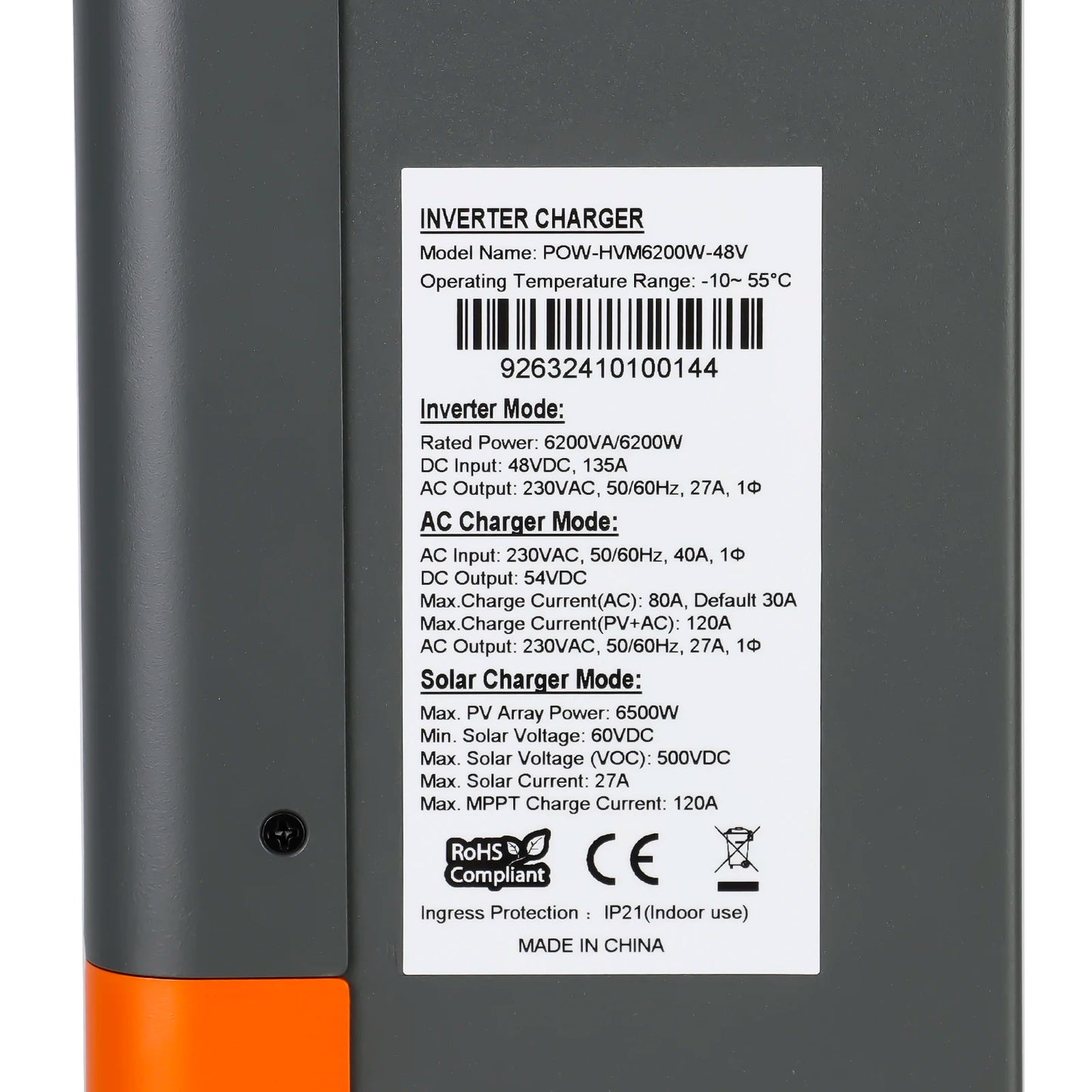 Hybride Zonnestroom Omvormer 48V – Solar Inverter – Zonne-energie Omvormer – Off-grid Converter – MPPT Omvormer – Regular Version 220-240V – 6,2 kW Maximaal Vermogen – Duale AC-uitgangen